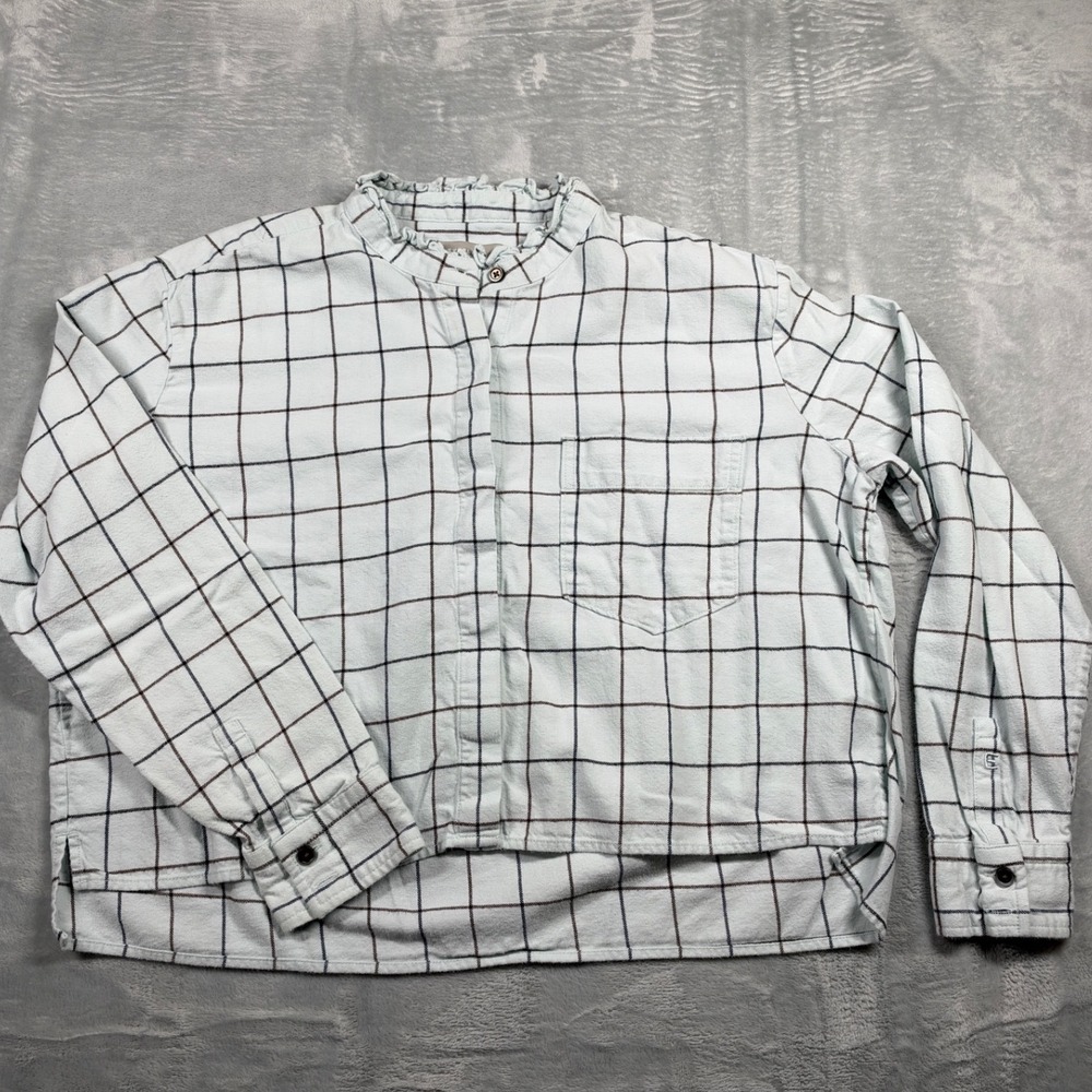 Everlane Women's M Organic Cotton Windowpane Ruffle Collar Shirt High Low